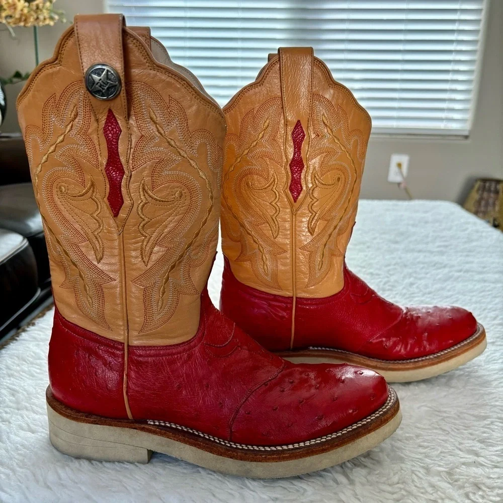 Rudy Lara Genuine Ostrich skin 2Tone Red/Cognac Leather Women’s Western Boots 7